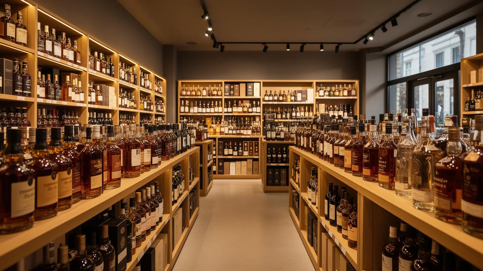 Interior of an independent liquor store with stocked whiskey shelves