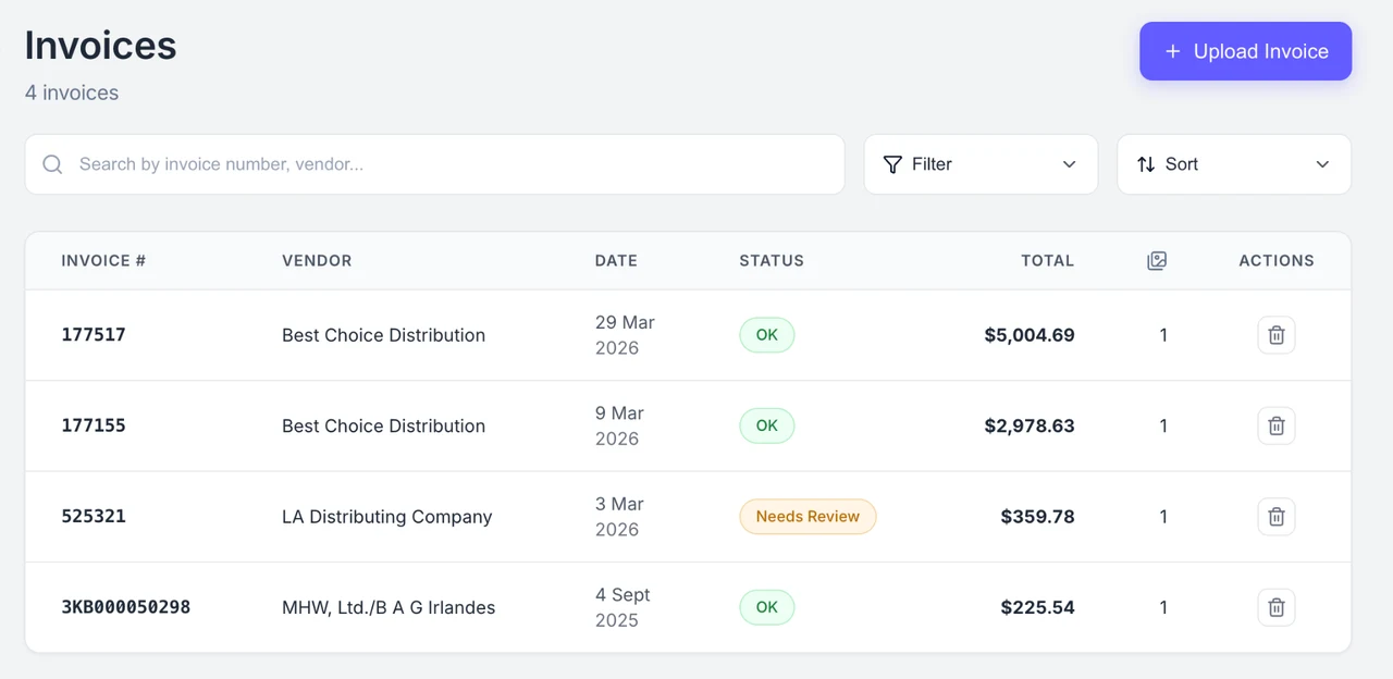 NexServe AI Invoice Reader showing a parsed distributor PDF with line items, UPCs, costs, and status flags.