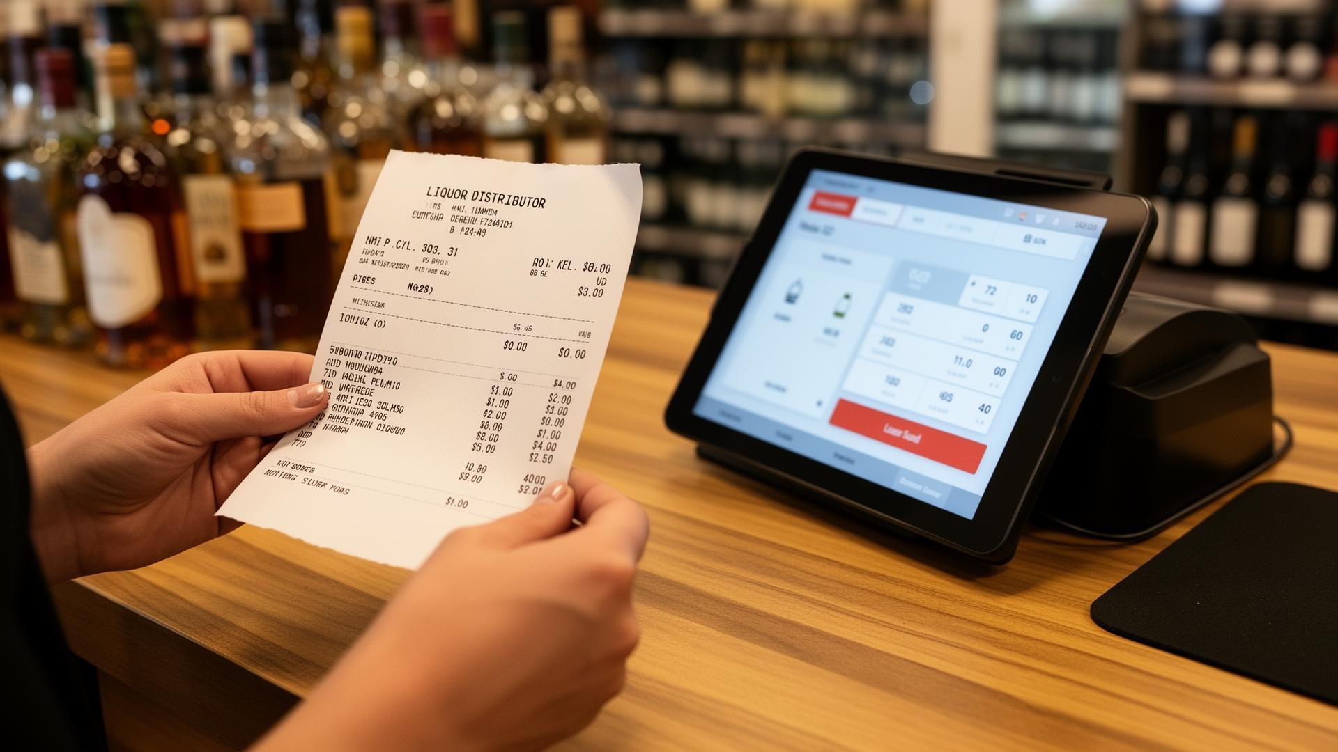 Hand holding a paper distributor invoice next to a tablet POS