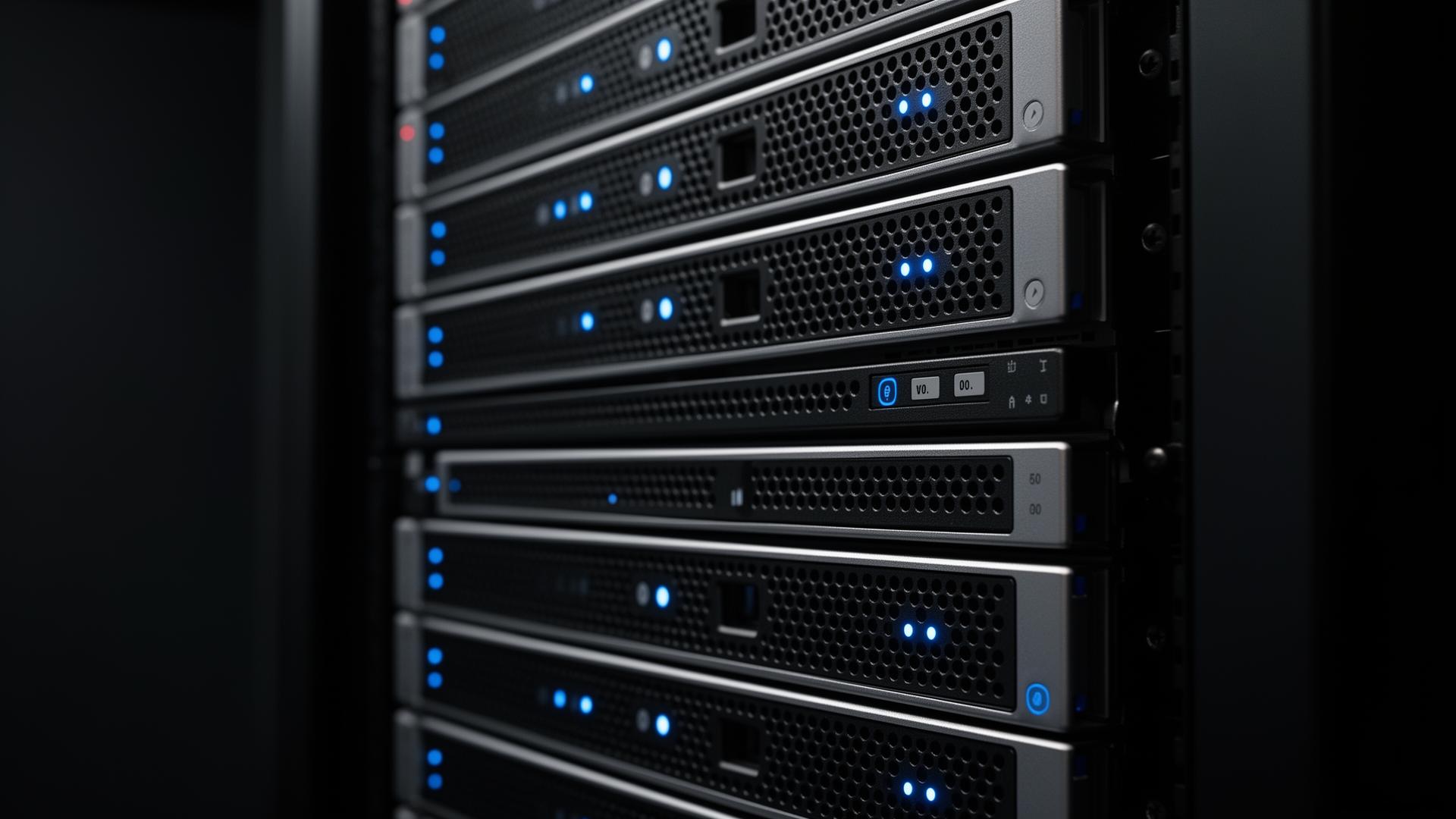 Private cloud server rack with blue indicator lights