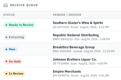 NS: Receive queue listing distributor invoices by status — ready to review, extracting, new, on hold and in review — with issue counts and invoice totals.
