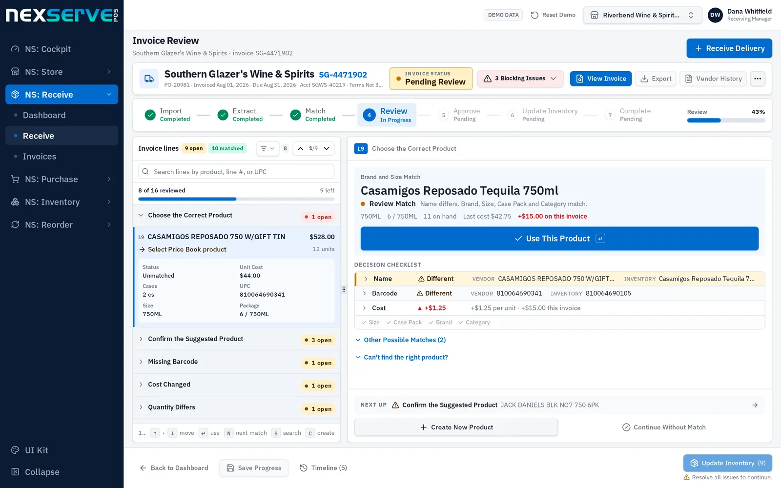 NS: Receive invoice review workspace with extracted invoice lines matched to store products and differences flagged for review.