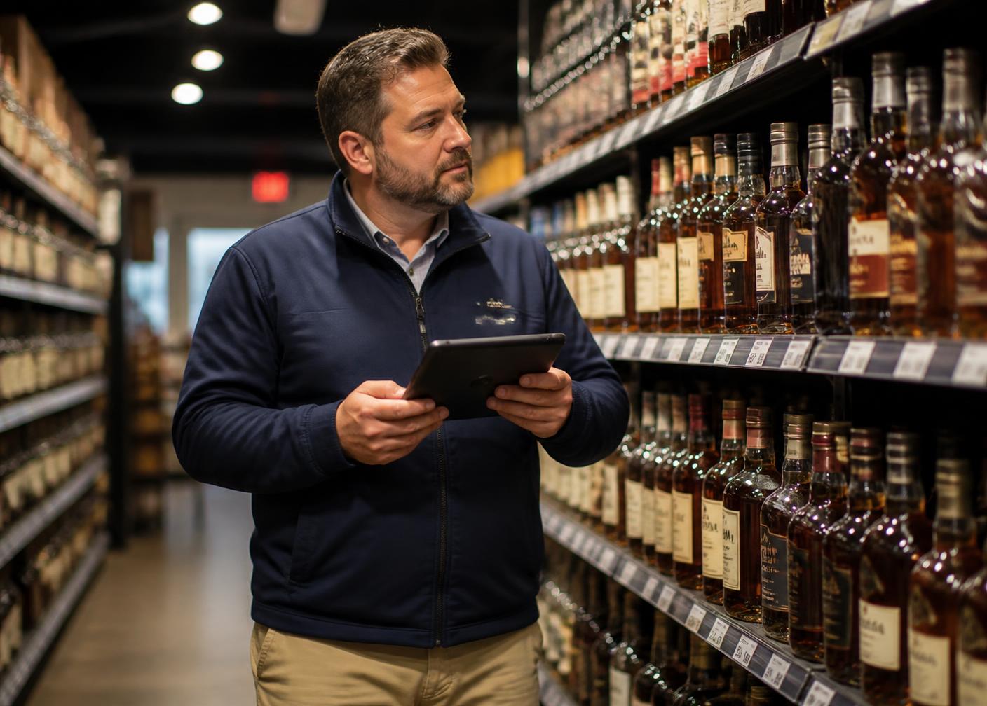 Liquor store manager walking the aisle with a tablet, reviewing shelves of whiskey before placing an order.