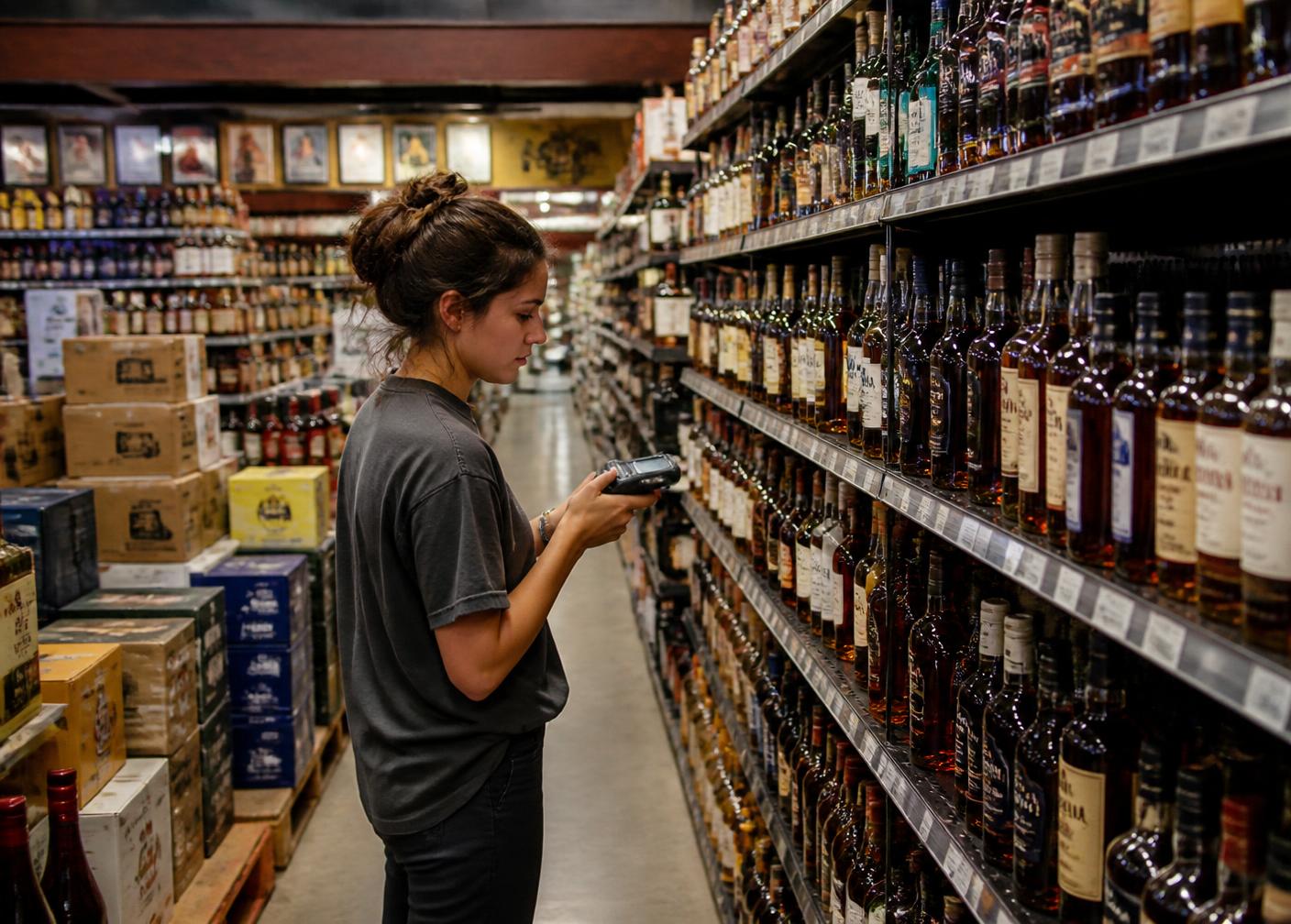 Employee counting stock with a handheld scanner in front of fully stocked liquor store shelves.