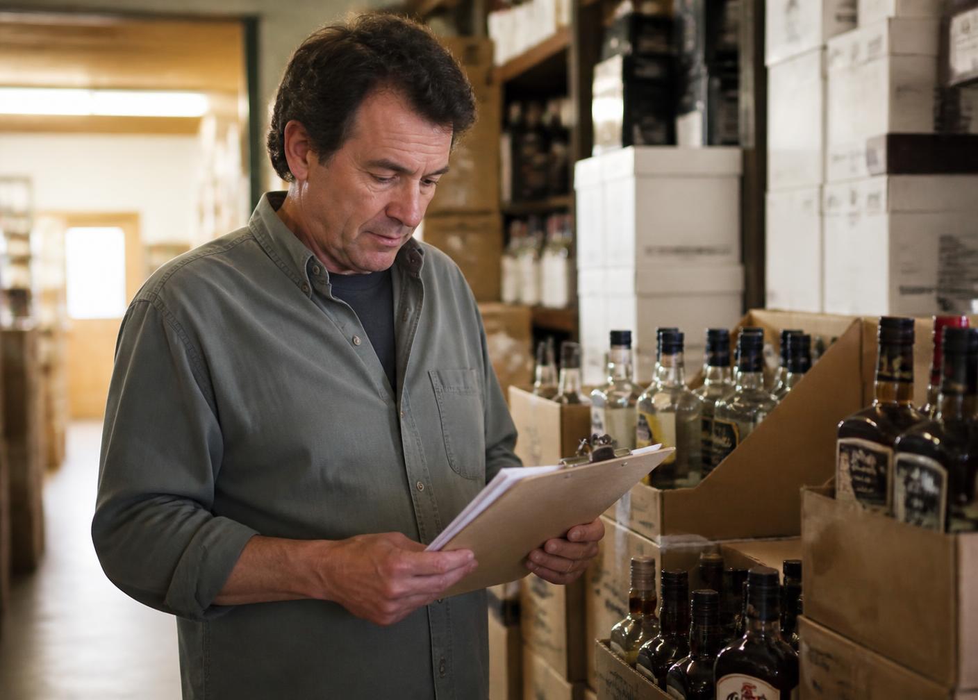 Liquor store owner checking a distributor invoice next to stacked cases of liquor in the stockroom.